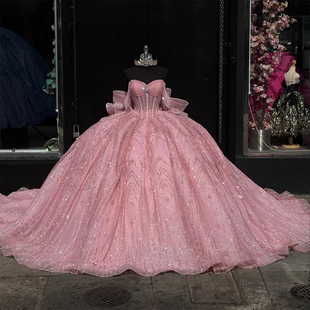 Blush Pink 15 Quinceanera Dresses Sparkly Sequined Sweetheart Ball Gown with Big Bow Corset Back 15th Birthday Party Dress