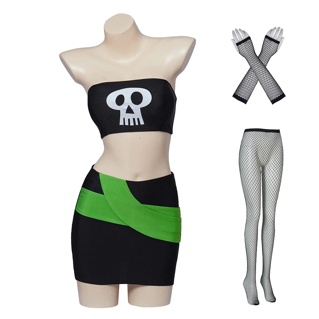 (in magazzino) Danny Phantom Costume Cosplay Sam Manson Vestito Femminile Sexy Cintura Teschio Tubo Top Minigonna Vestito Con Calze A Rete