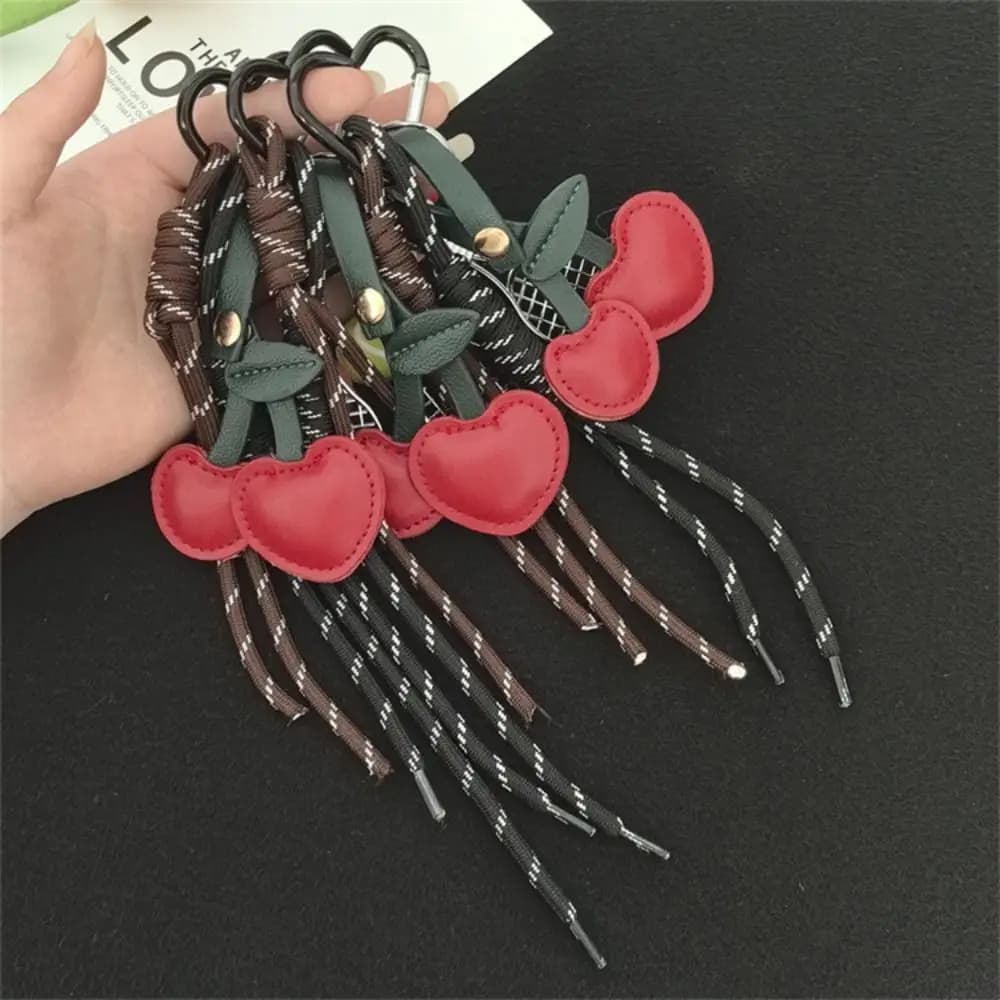 Girl Heart Braided Rope Keychain Hand-Woven Handmade Cherry Shaped Bag Pendant Anti-Lost Ornament Tennis Racket Key Chain