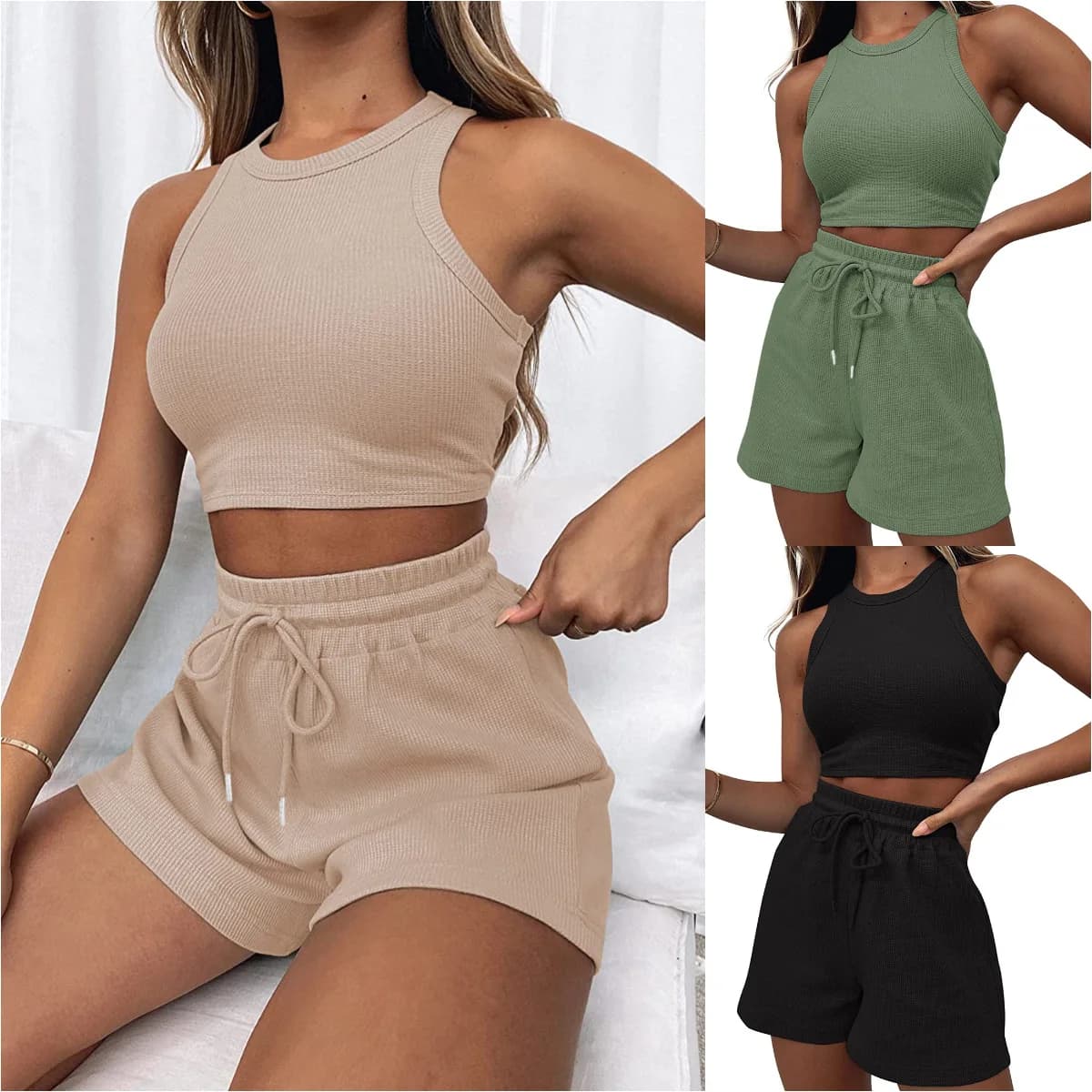 Hot Sale Women's Shorts Set 2-piece Waffle Short Vest Sport Running Elastic Waist with Drawstring Summer Fashion Set for Women