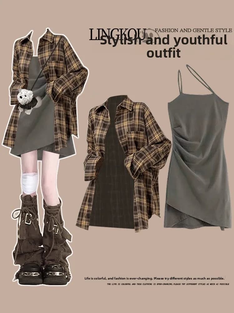 Completo estivo alla moda taglie forti da donna: camicia a quadri casual e vestito a due pezzi con cintura snellente dal design elegante