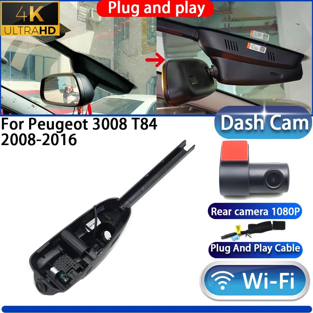 HighCity For Peugeot 3008 T84 2008-2016 Dash Cam Camera DVR 4K UHD 2160P Night Vision WiFi Plug And Play Video Recorder