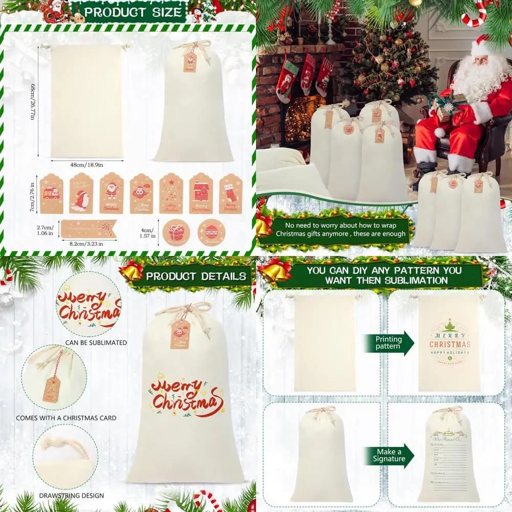 Grandi sacchi natalizi di Babbo Natale - Confezione da 24 sacchetti con coulisse per sublimazione con etichette in carta Kraft per regali fai da te