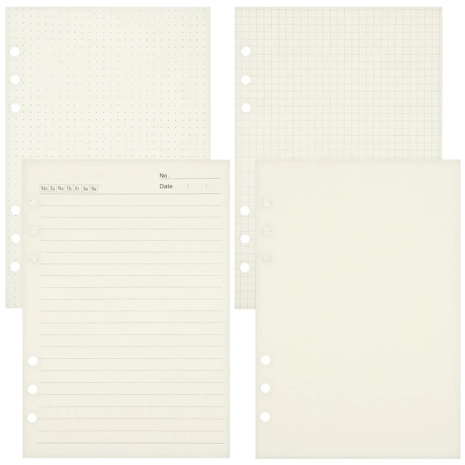 4 Pezzi di Carta A5 a Fogli Mobili per Raccoglitori e Agende, con 6 Fori, Pagine Spesse a Puntini, a Righe e Bianche, Inserti per Quaderni