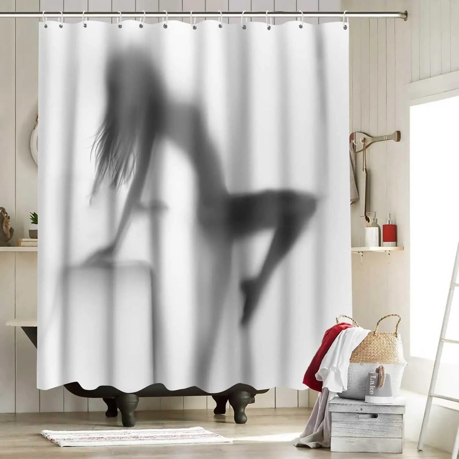 Set di Tende da Doccia in Tessuto con Silhouette Femminile Sexy, Decorazione per Bagno, Bianco Impermeabile