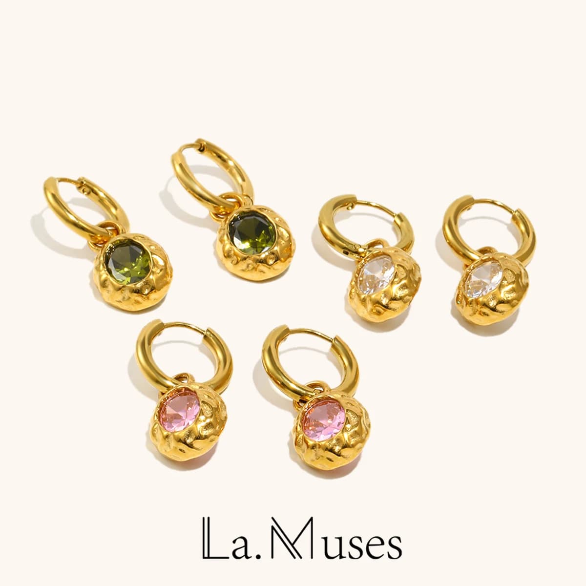 La. Muses Orecchini da donna in acciaio inossidabile con punzone zircone ellittico colorato, accessori per gioielli di moda placcati in PVD