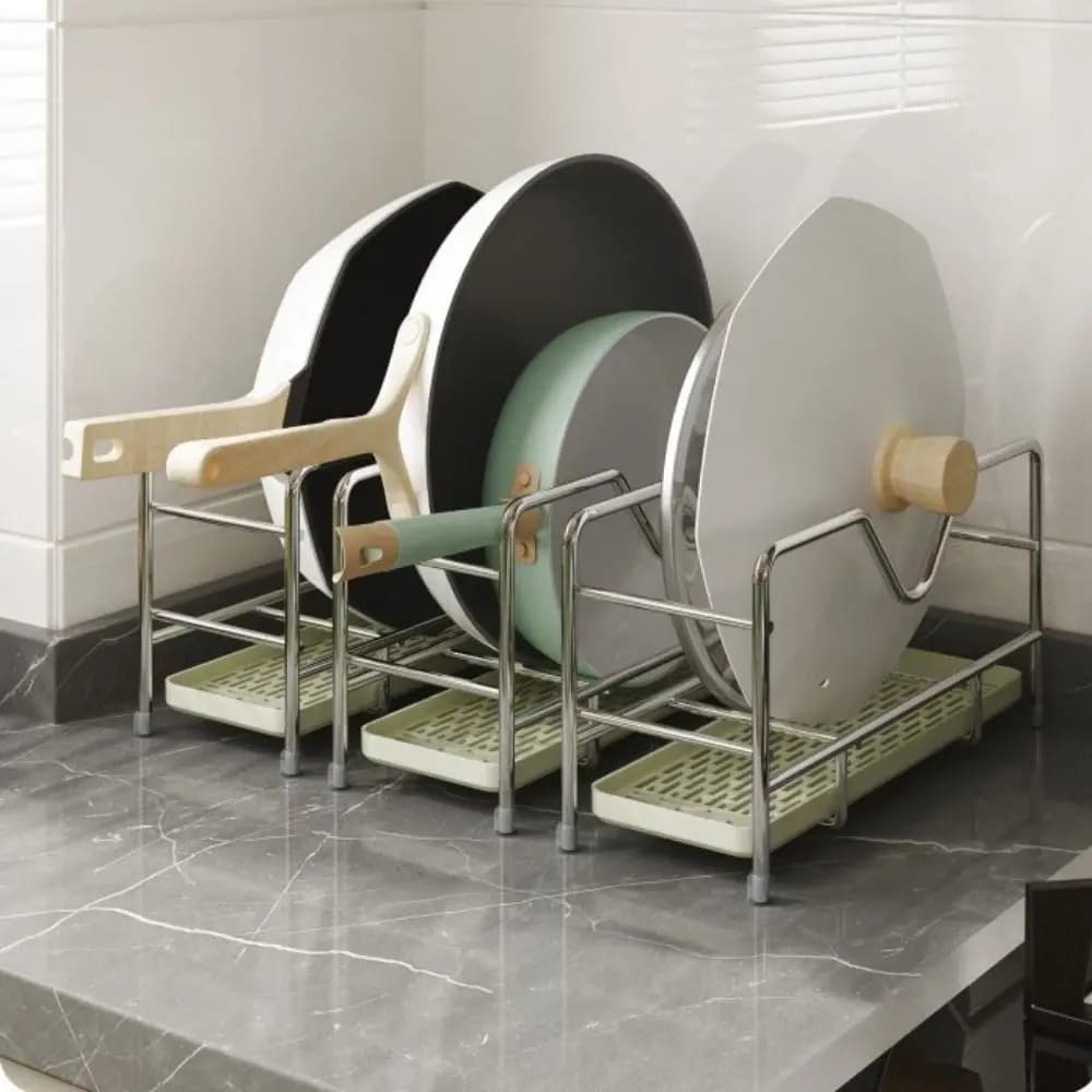 Stainless Steel Cookware Storage Rack Rustproof Space Saving Cutting Board Holder with Drainage Tray Pot Pan Lid Holder Cabinet