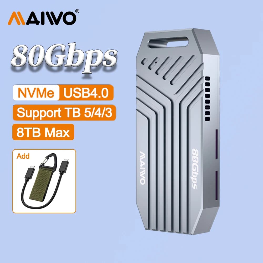 MAIWO Box Esterno per SSD M.2 NVMe da 80 Gbps con Ventola di Raffreddamento, Senza Utensili, per M-Key 2280 con Thunderbolt 5/4/3