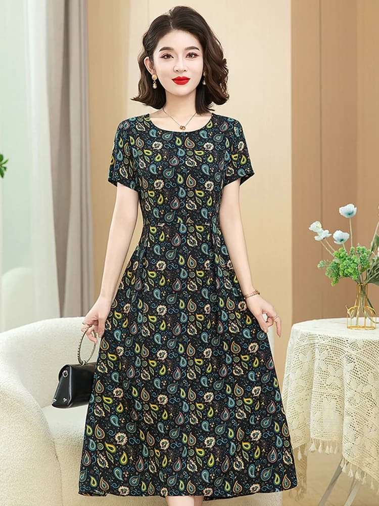 Summer Hit Large Size Women's Short Sleeve Floral Print Cotton Silk Dress High Waist A-Line Skirt Soft Non-Elastic Comfortabl...