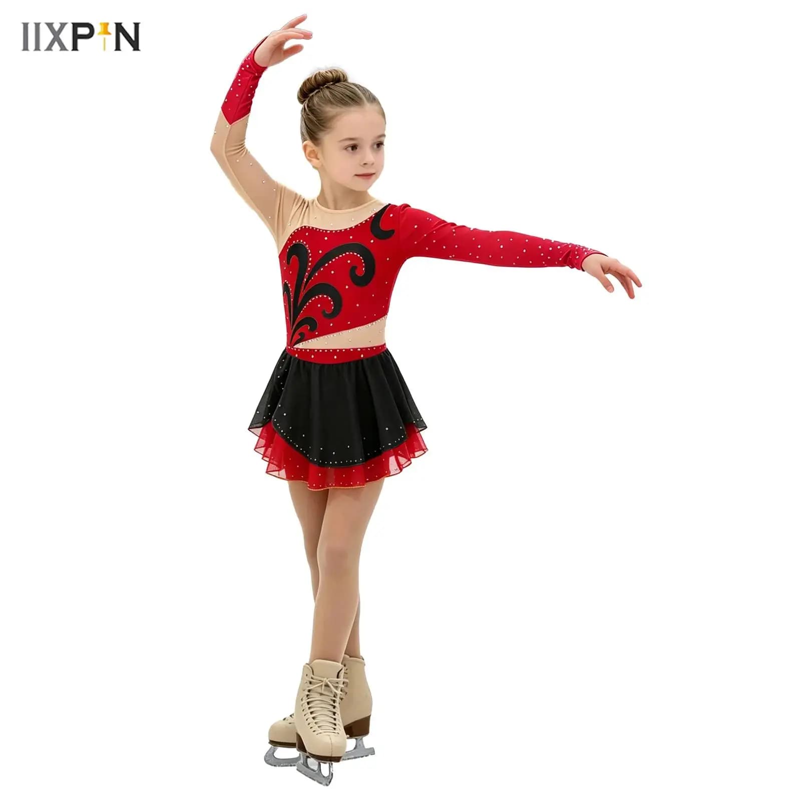 Kids Girls Figure Ice Skating Dance Dress Long Sleeves Finger Holes Mesh Patchwork Rhinestones Color Block Leotard Ballet Dress