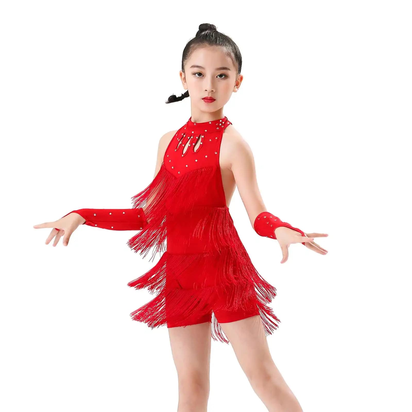 3-15 anni bambini nappa abito latino allenamento dancewear paillettes spettacolo teatrale costume competizione abiti da ballo