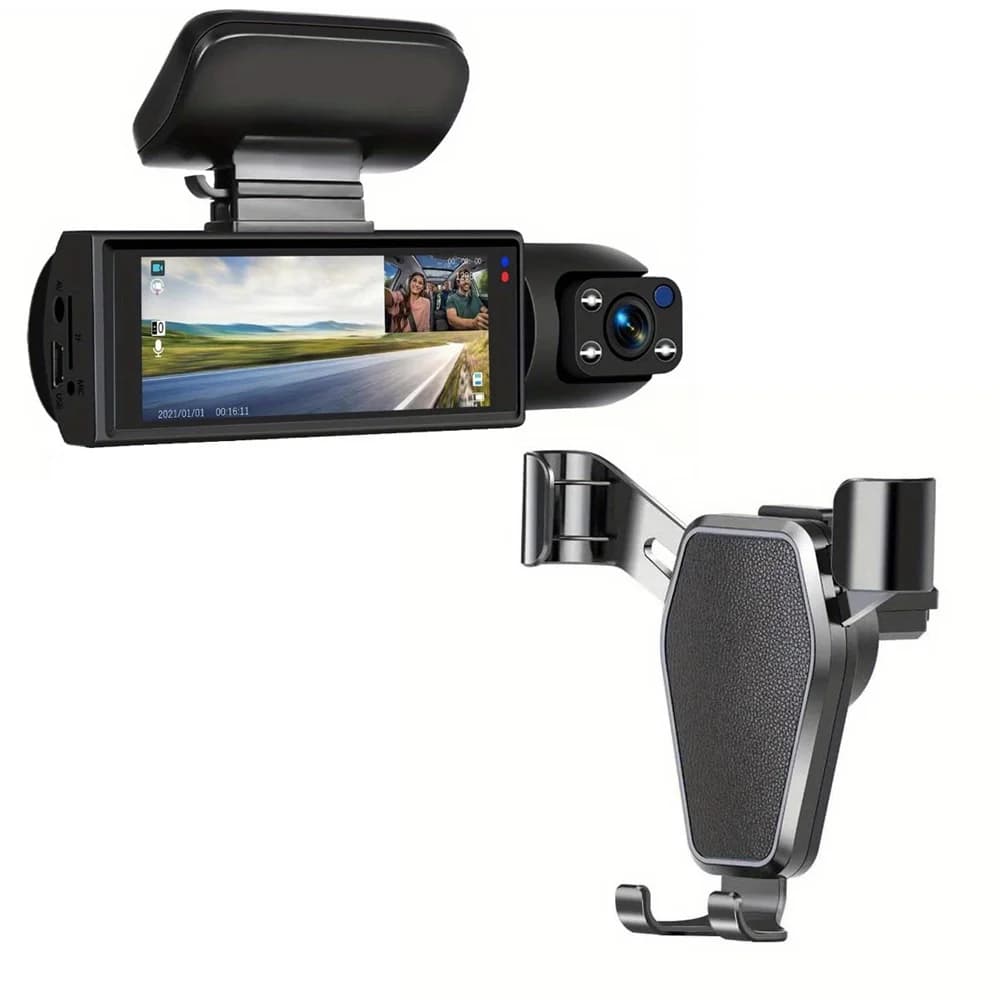 Gravity Car Phone Holder - Vent Clip Design, Universal Fit, Stable & Convenient, for Safe Driving Navigation. With HD Front & Rear Dash Cam, 3.16' IPS Screen, IR Night Vision, 24H Parking Monitor, 170° Wide Angle, Loop Recording, for Driving Safety.