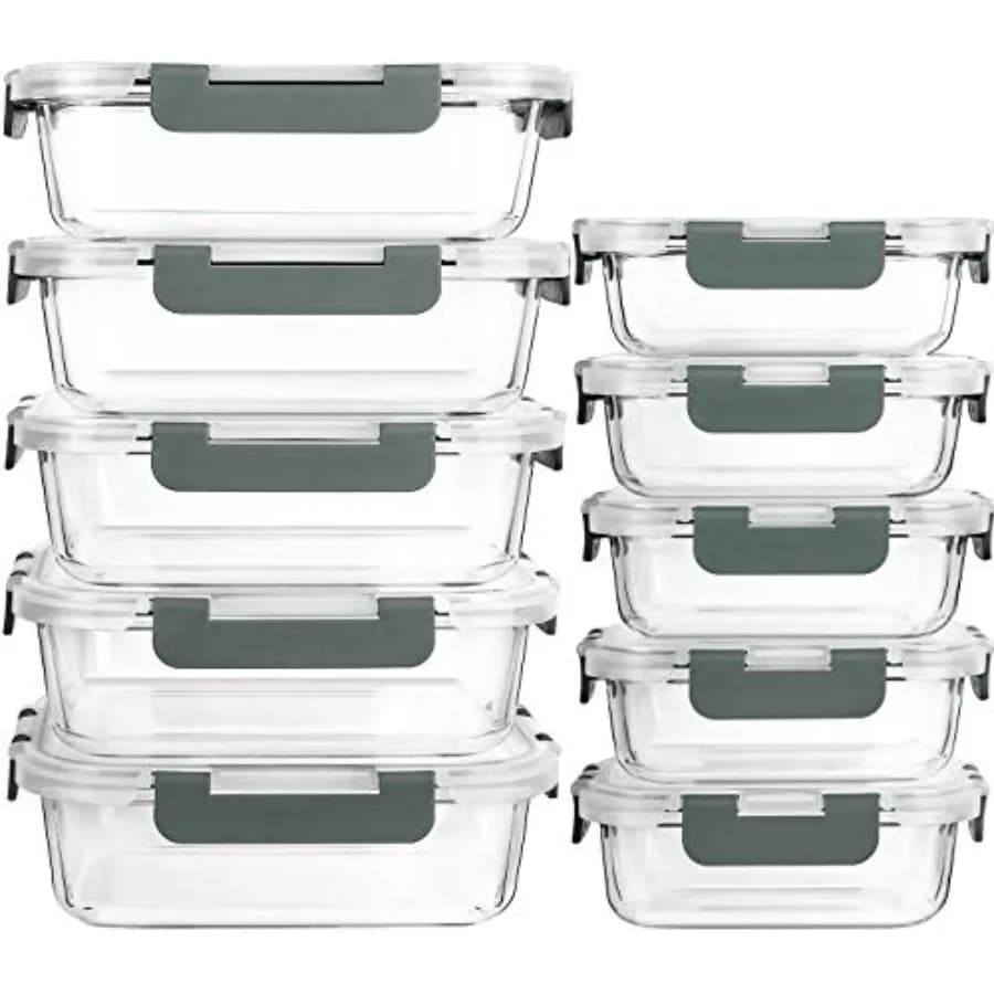 Set di 10 Contenitori in Vetro per Alimenti con Coperchi Ermetici, Ideali per Microonde, Forno e Congelatore