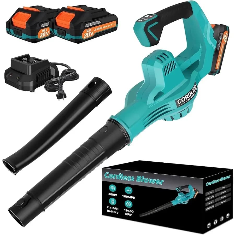 Soffiatore per foglie elettrico senza fili da 20 V con batteria 2X 2.0 Ah e caricabatterie 480 CFM 160 MPH Soffiatore per foglie alimentato a batteria Ha
