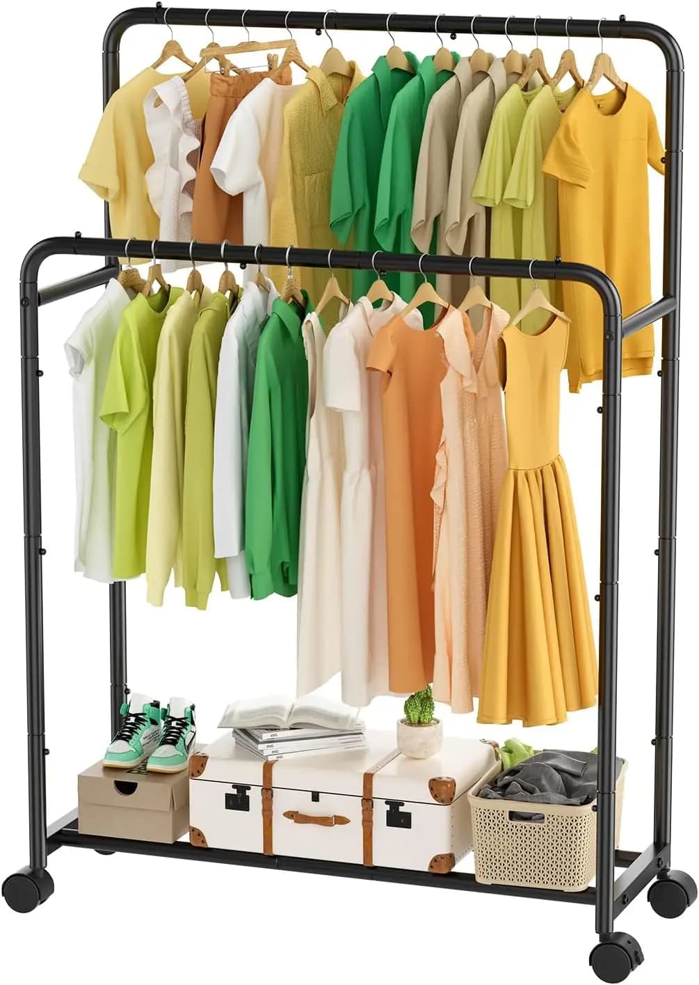 Double rod hanger with wheels, durable metal hangers for home organization
