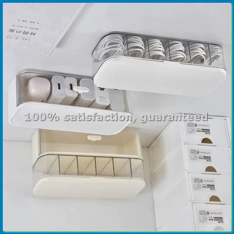 Transparent compact box for organizing desk cables with lid - Solution for storing cables and chargers for home organization B-ABFB