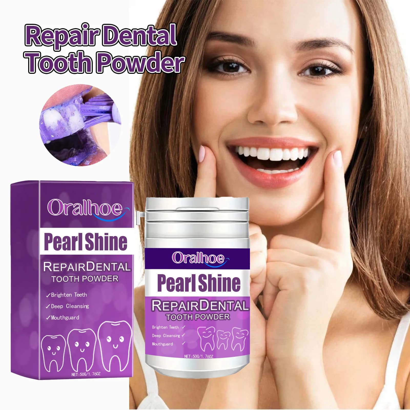 Polvere Dentifricia Viola 9D - Sbiancante, Detergente e Profumata per i Denti | Polvere sbiancante per denti 80g