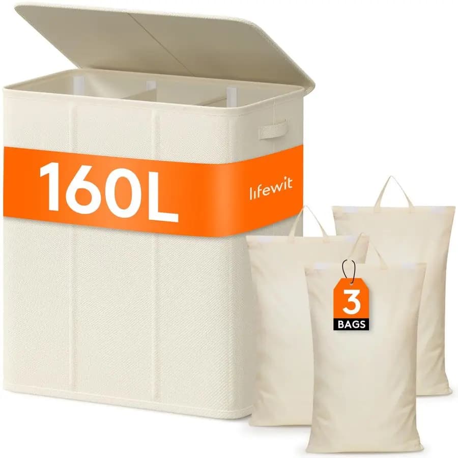 Triple Clothes Basket with Removable Cover and Bags, Large Folding Basket for Dirty Dresses with 3 Parts and Handles