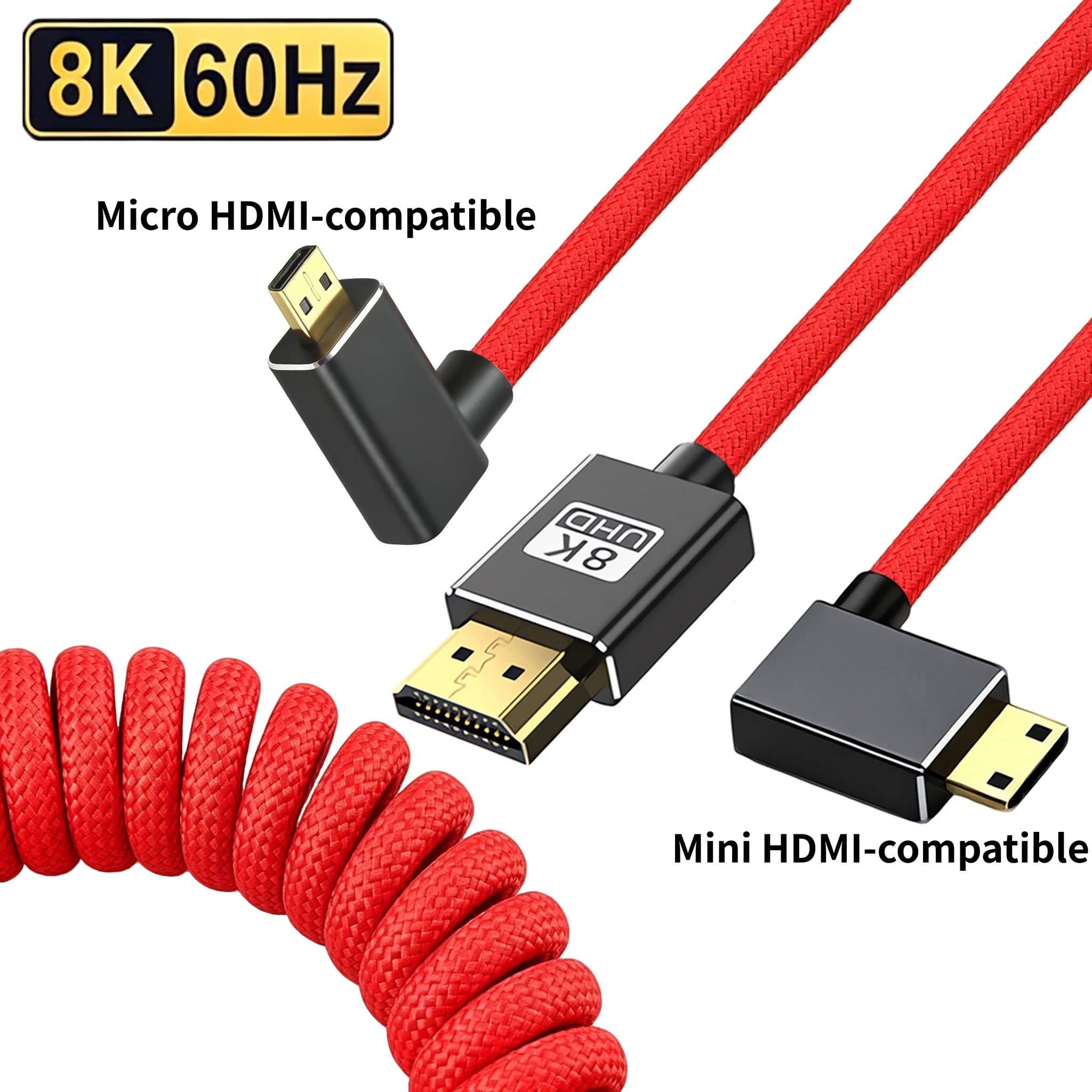 Portable 8K Spring Coiled Cable Left Right Angled Mini Micro HDMI-compatible Stretch Braided Cord for DSLR Camera Field Monitor