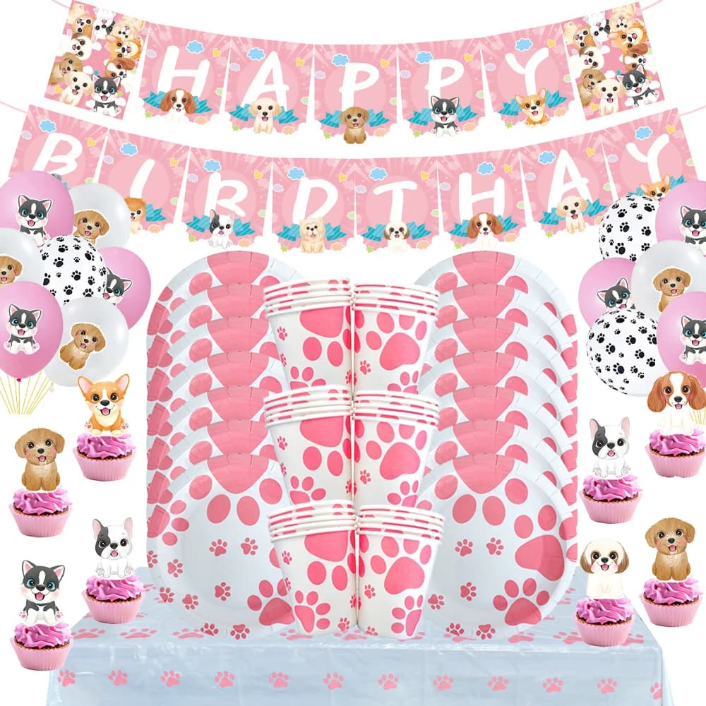 Decorazione per feste di compleanno a tema zampa di cane rosa Set di stoviglie usa e getta piatto per tazza decorazione per feste di cani da compagnia forniture per Baby Shower
