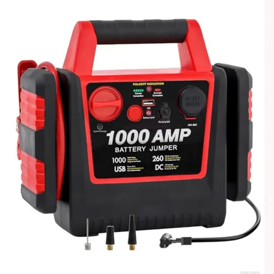 Avviatore di emergenza per batteria per auto portatile 4 in 1 con compressore d'aria integrato e gonfiatore di pneumatici per uso di emergenza Potenza di 1000 amplificatori di picco