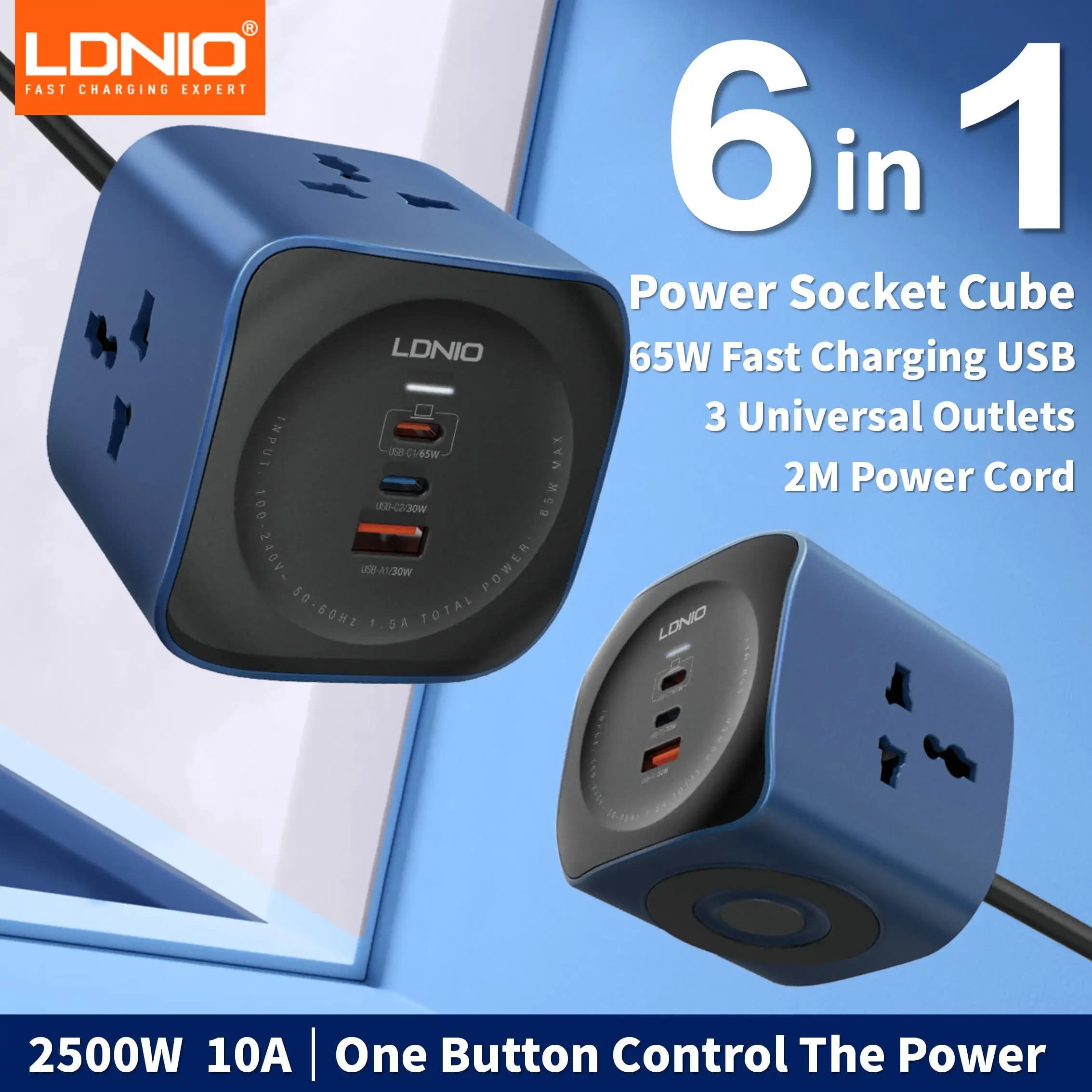 Multipresa Cube LDNIO 65W Stazioni di ricarica Prolunga elettrica da 2M Cavo di alimentazione EU UK US Spina Adattatore USB C Presa Protezione da sovratensione