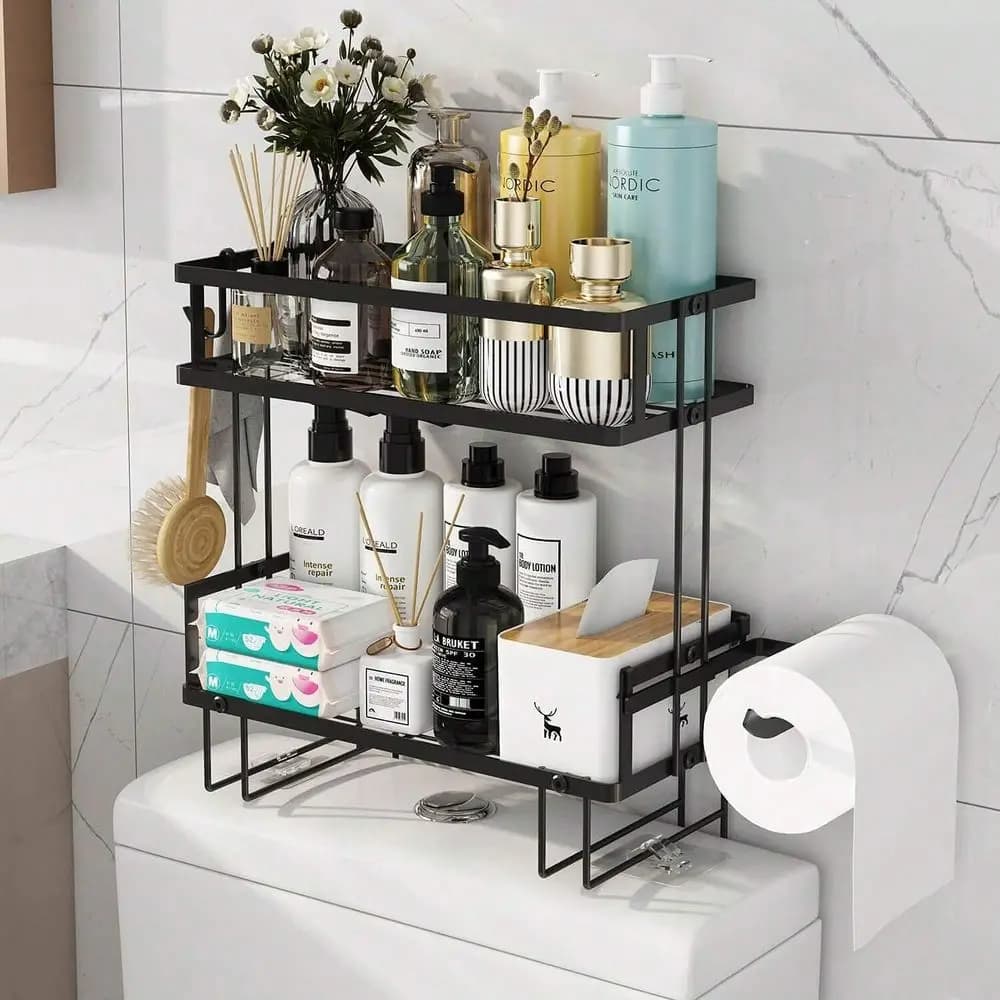 Organizzatori e contenitori, portaoggetti a 2 livelli sopra il WC, portaoggetti da bagno con 2 ganci, porta carta igienica, mensola galleggiante a parete