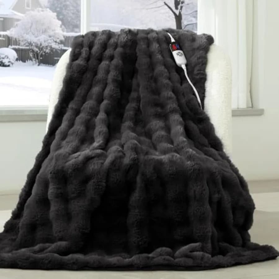 Coperta Riscaldata in Finta Pelliccia Grigio Scuro - Lussuosa Coperta Elettrica Morbida Effetto Coniglio con 6 Livelli di Riscaldamento e 4 Impostazioni di Tempo