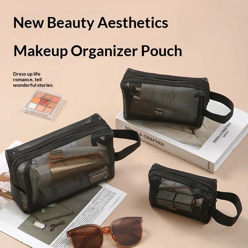 Travel bag HOMEFISH in black mesh, cosmetic bag with zipper, woman makeup bag, toilet bag, makeup organizer, portable case.