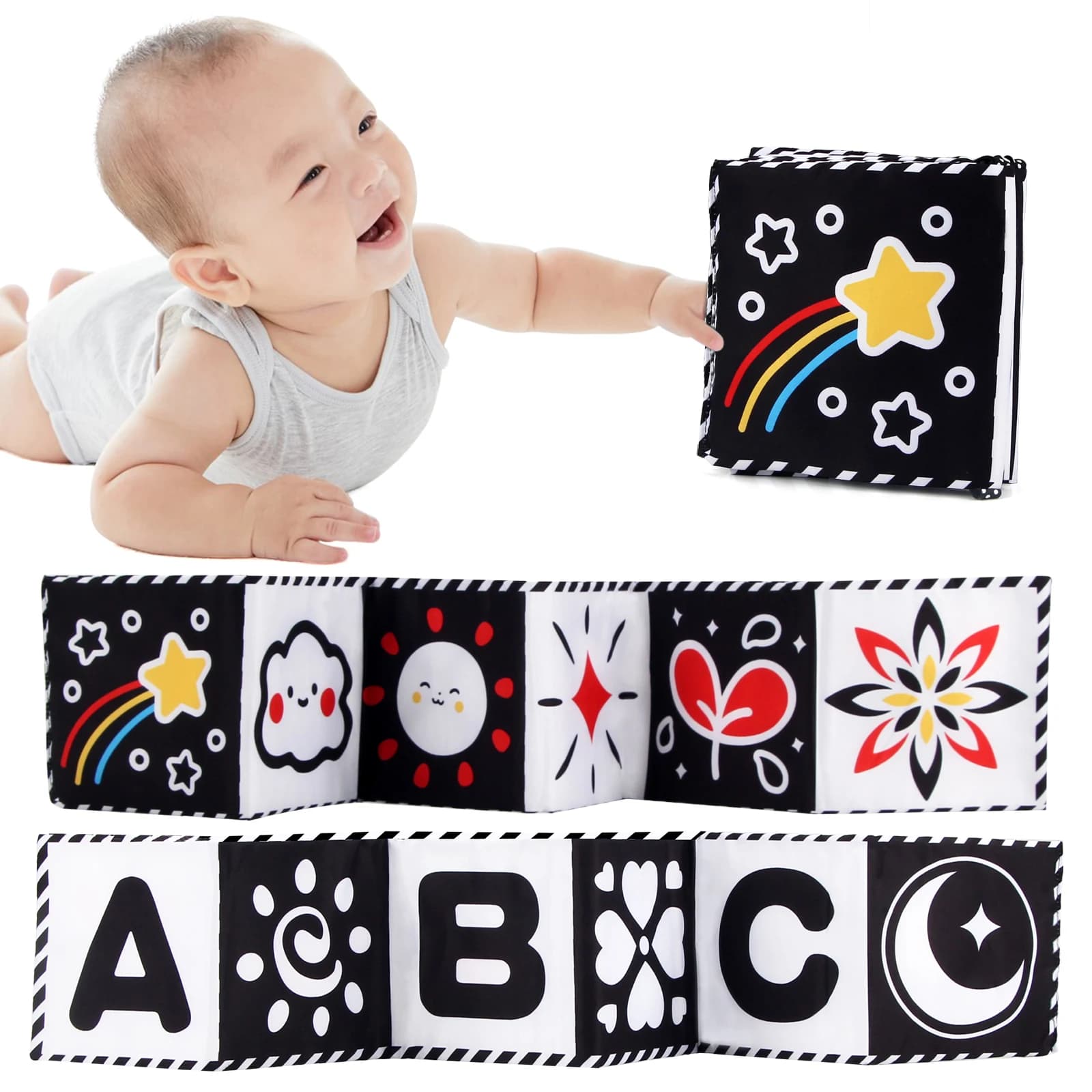 Libro di stoffa per bambini Giocattoli per bambini ad alto contrasto Giocattoli per culla neonato Libri di stoffa sensoriale per animali in bianco e nero 0-36 mesi Giocattoli Montessori