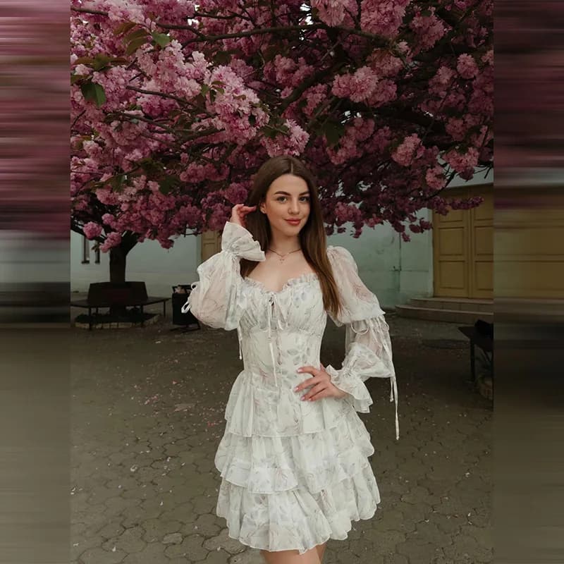 Elegante e Sexy Abito Mini con Stampa Floreale, Scollo a V e Maniche a Sbuffo per Donne Europee e Americane