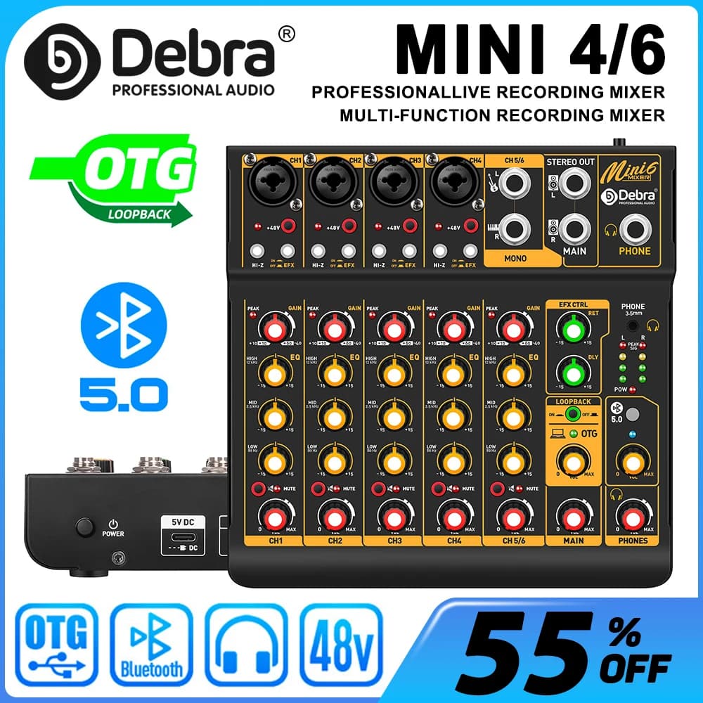Mini6 Mixer Audio a 6 Canali, Console DJ con Bluetooth 5.0 OTG, Riverbero, Scheda Audio 48V per Registrazione PC, Webcasting dal Vivo Mini4