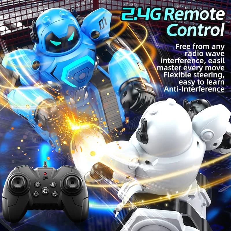 2‑Player Boxing Robot Set, DIY Weapons, 360° Spin, Soccer Mode,USB Rechargeable, Interactive Battle with Pop‑Out Figures for Kid