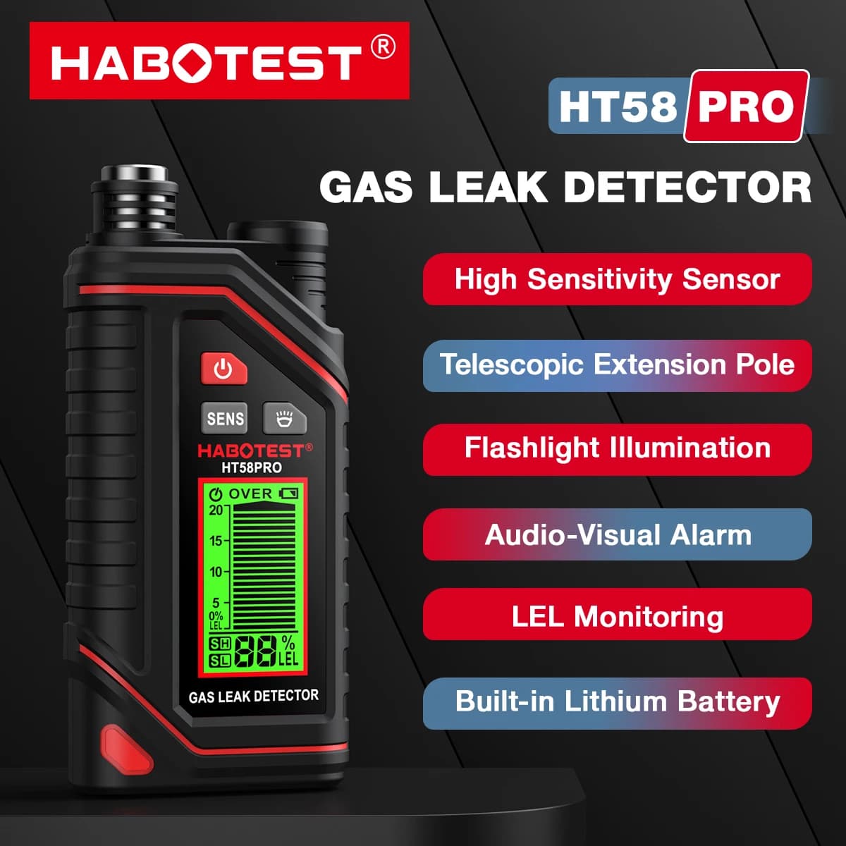 HABOTEST HT58Pro Rilevatore di gas combustibile con allarme sonoro e luminoso 0-9999 ppm Tester portatile ricaricabile per perdite di gas combustibile
