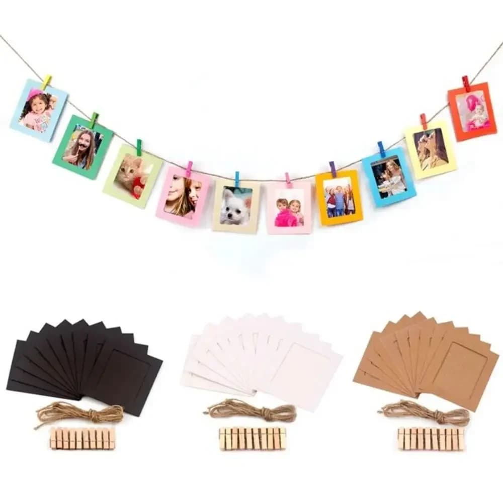 10Pcs DIY Craft Paper Photo Frame With Clips and Rope Wall Photo Frame Hanging Picture Album Home Decor Wedding Happy Birthday