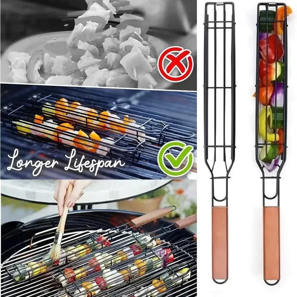 Portable Kabob BBQ Grilling Basket Stainless Steel Nonstick Barbecue Grill Basket Tools Mesh Kitchen Tools kitchen accessories