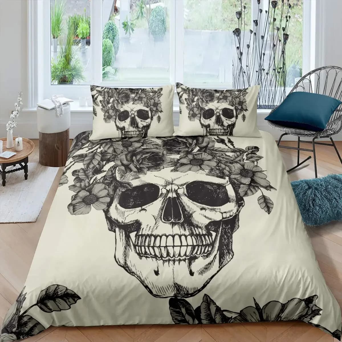 Bed linen set with gothic sugar skull bone Cover with hand skeleton Rose leaves Romantic flowers Copripiumin polyester