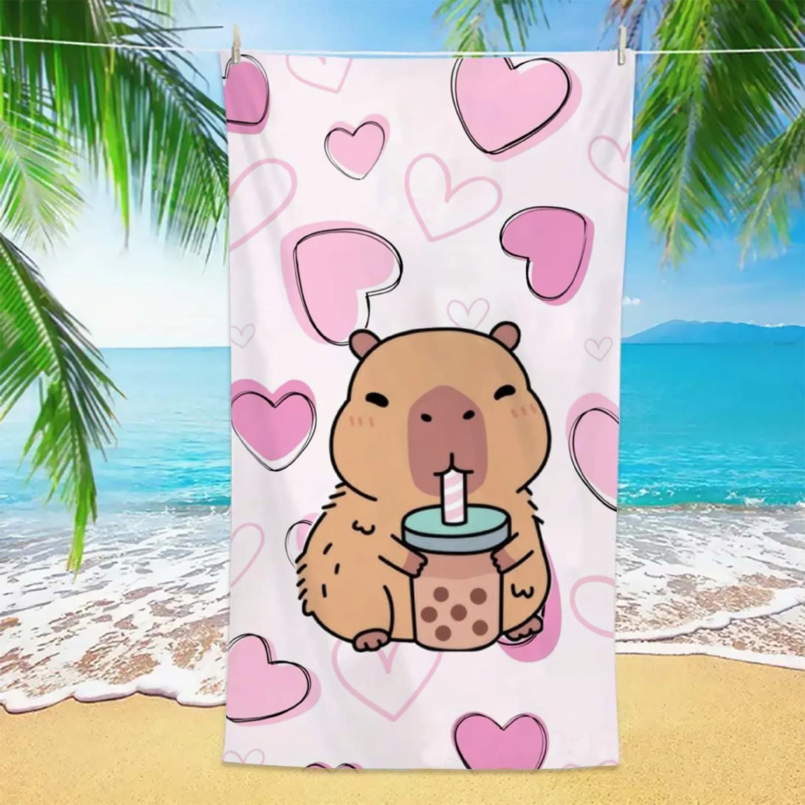 Asciugamano da Spiaggia Sweet Capybara 1pz, Cuore Rosa in Microfibra Super Assorbente per Spiaggia, Piscina, Viaggi, Spa, Regalo per Bambini e Donne, Estate