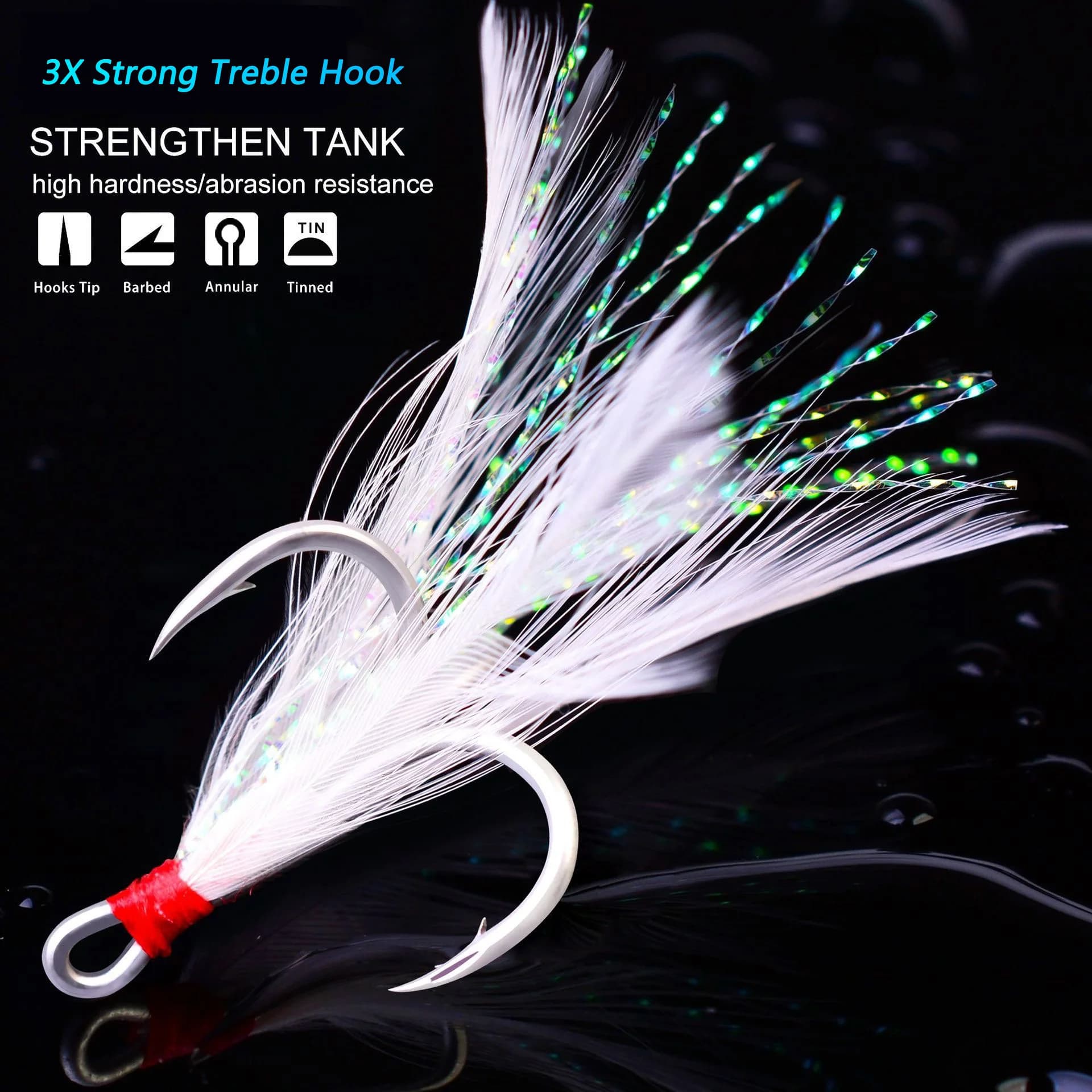 Feather Treble Hooks 1#-10# 15PCS Fish Hook Angle Barbed Sharp High Carbon Steel Nickel Antirust Lure Fishing Tackle Fishhook