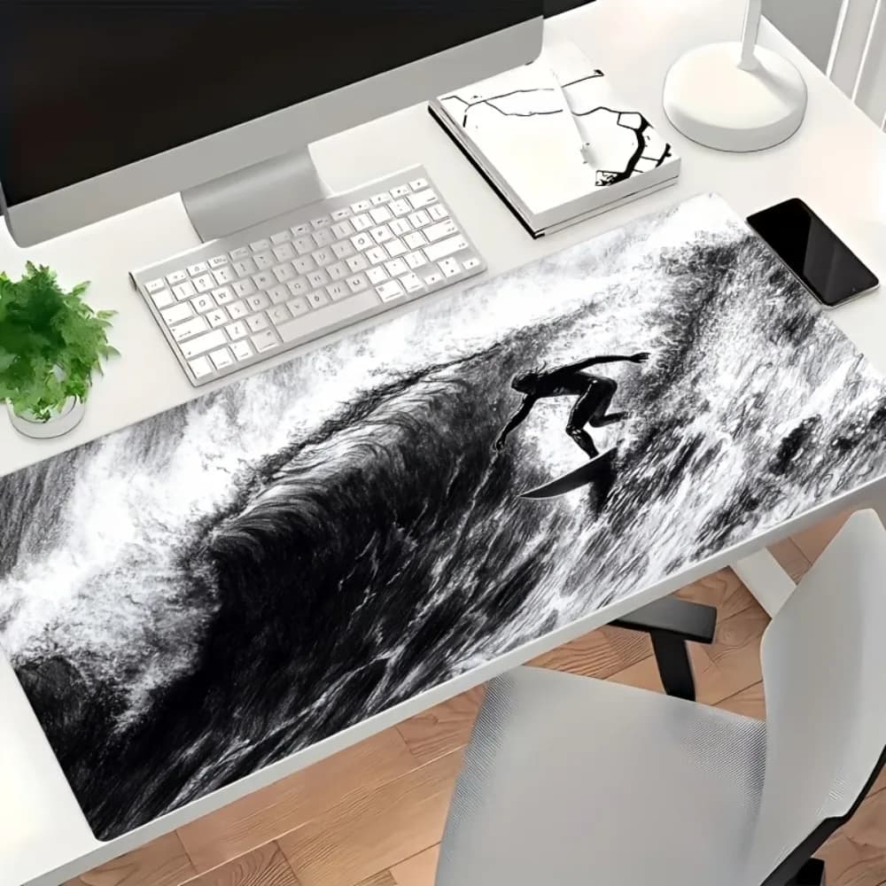 Tappetino per mouse grande bianco e nero con motivo surf, tappetino da scrivania con onde oceaniche, tappetino antiscivolo per tastiera da gaming per ufficio e casa