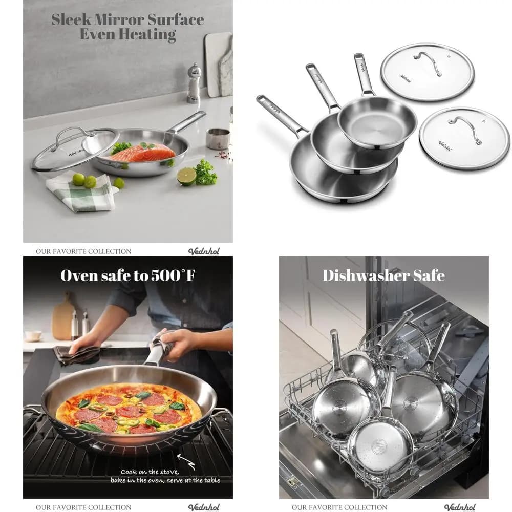 Set of three-layer stainless steel pans with covers: 8, 10, and 12 - PFOA and PTFE, dishwasher and oven washable, induction ready