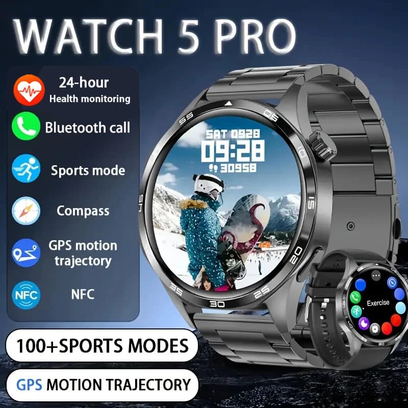 BOXUXING New Smartwatch 5 Pro GPS NFC for Men, 100+ Sport, AMOLED Screen, Cardiofrequencymeter, Bluetooth call, Waterproof IP67