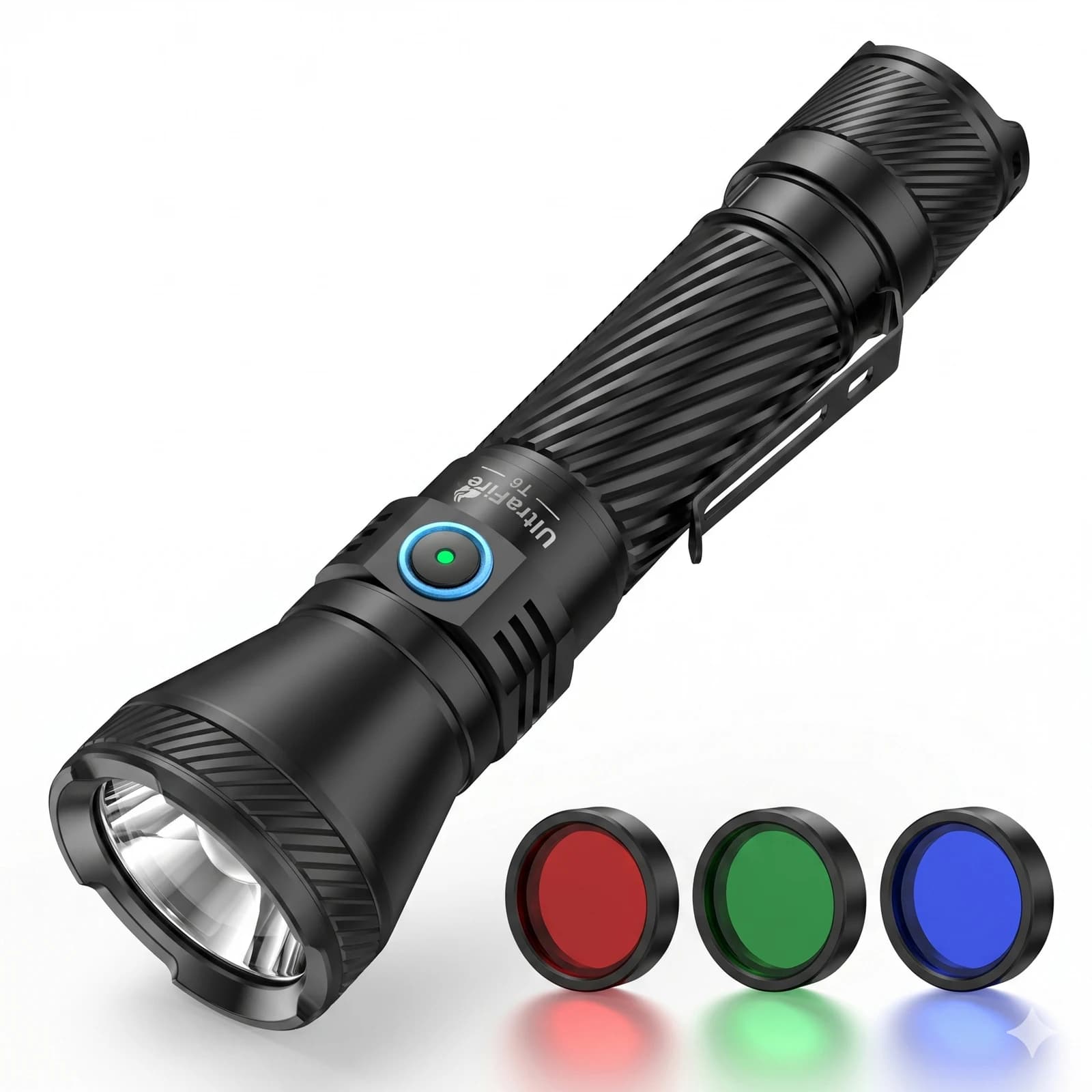 UltraFire T6 Tactical Hunting Flashlight 1800LM Long Range 550m Torch with Red Green Blue Filters 21700 USB-C IP68 Waterproof