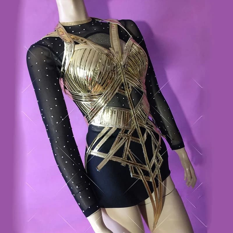 2 pezzi Stretch Outfit cantante dance Costume Nightclub show Golden hollow Outfit base nera strass body donna