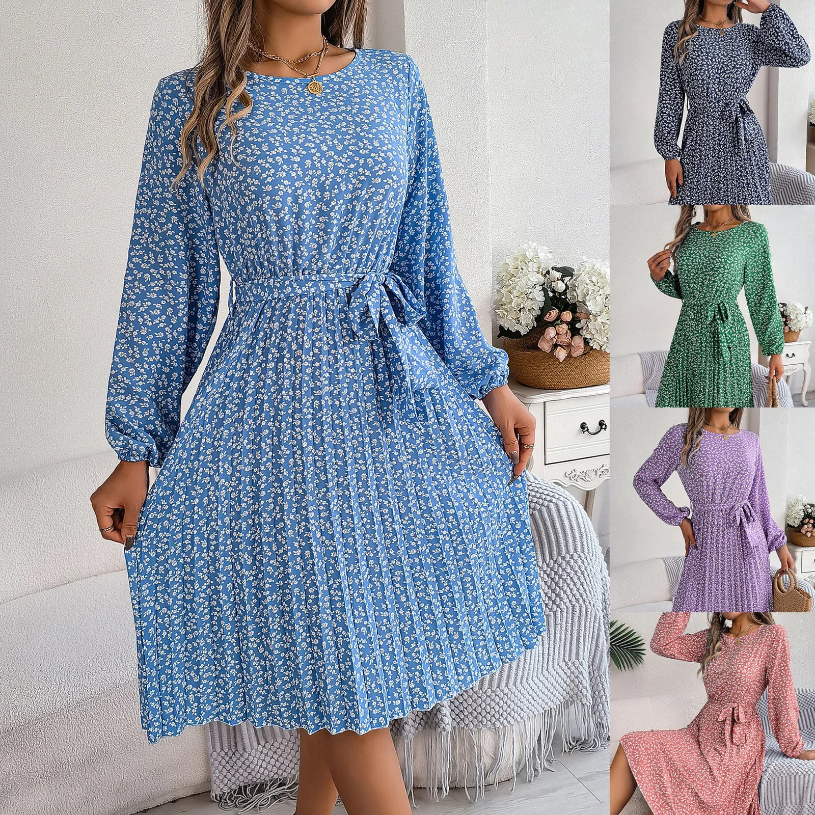 Chic Ins Trend Maxi Dress Women Slim Fits O-neck Spring and Summer Casual Long-sleeved Floral Pendulum Pleated Dress Y2K