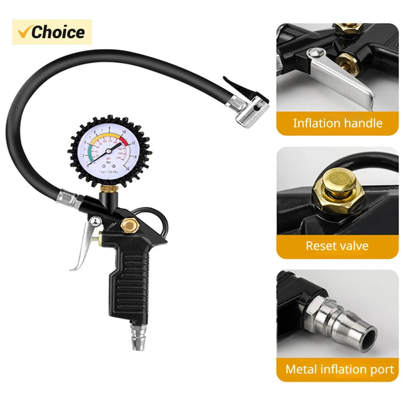 Manometro per pneumatici, pressione per pneumatici per auto da 220 PSI, gonfiatore, compressore di gas, controller per maniglia di gonfiaggio per auto, biciclette, ecc.