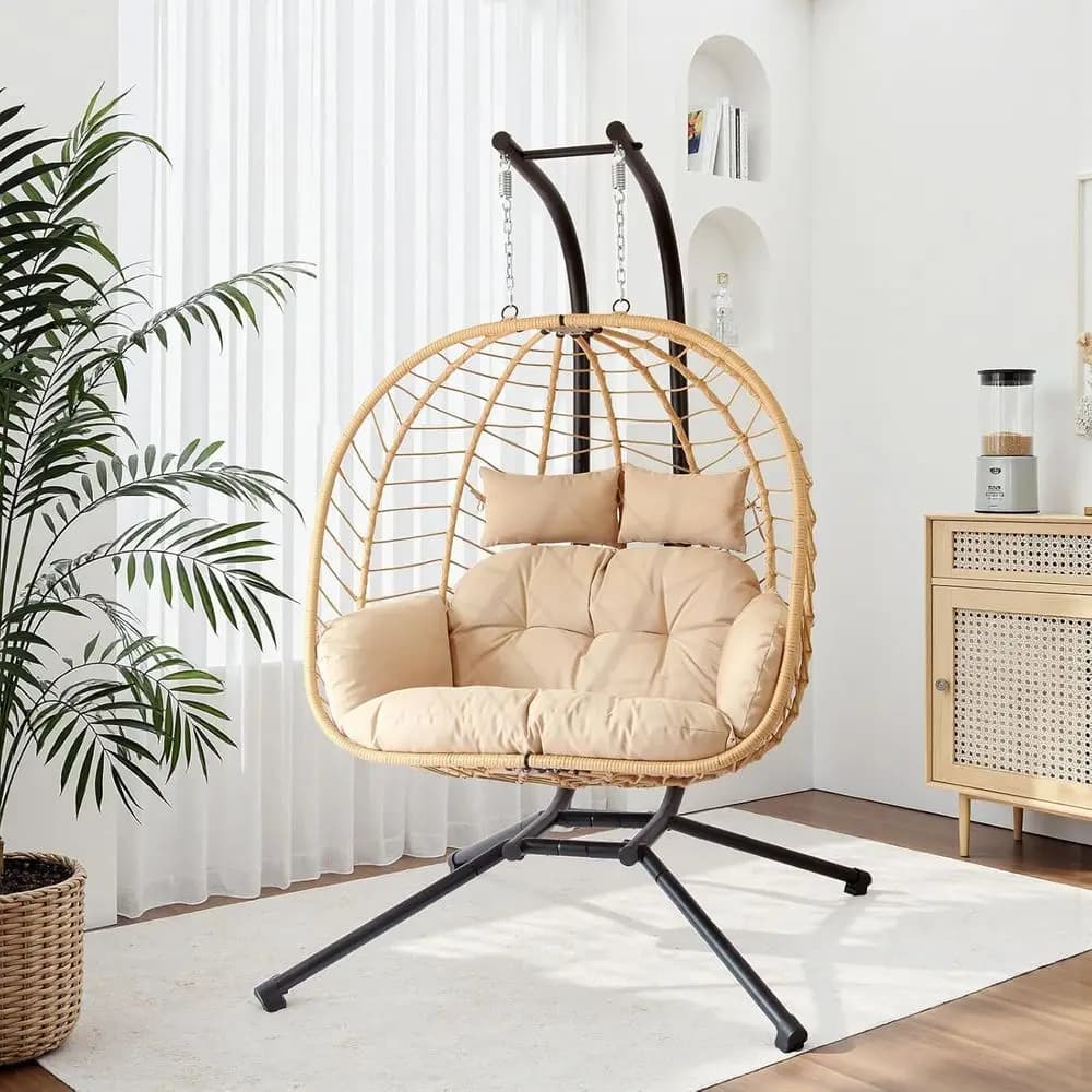 Sedia a dondolo sospesa in vimini per patio con supporto, telaio in acciaio rinforzato, cuscino resistente ai raggi UV, adatta per uso interno ed esterno
