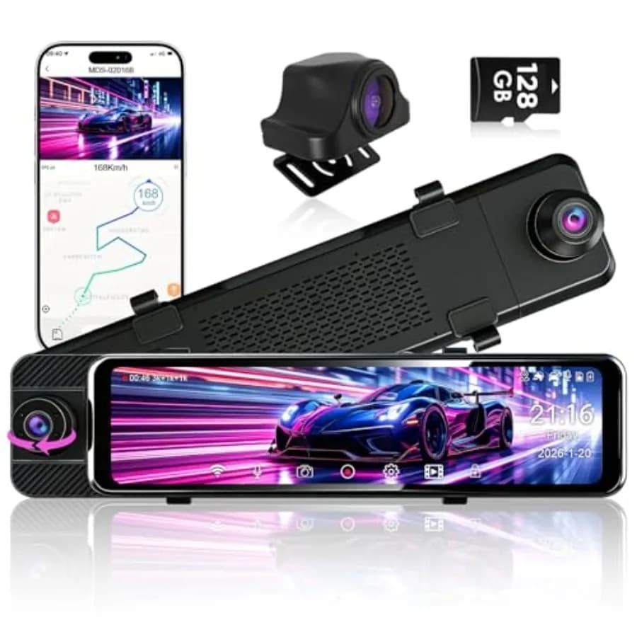 Dash Cam a Specchio a 3 Canali per Auto/Camion: Telecamera Anteriore 3K + Posteriore 1080P, Telecamera a Specchio 11 Pollici con WiFi, Visione Notturna, G-Sensor, Par