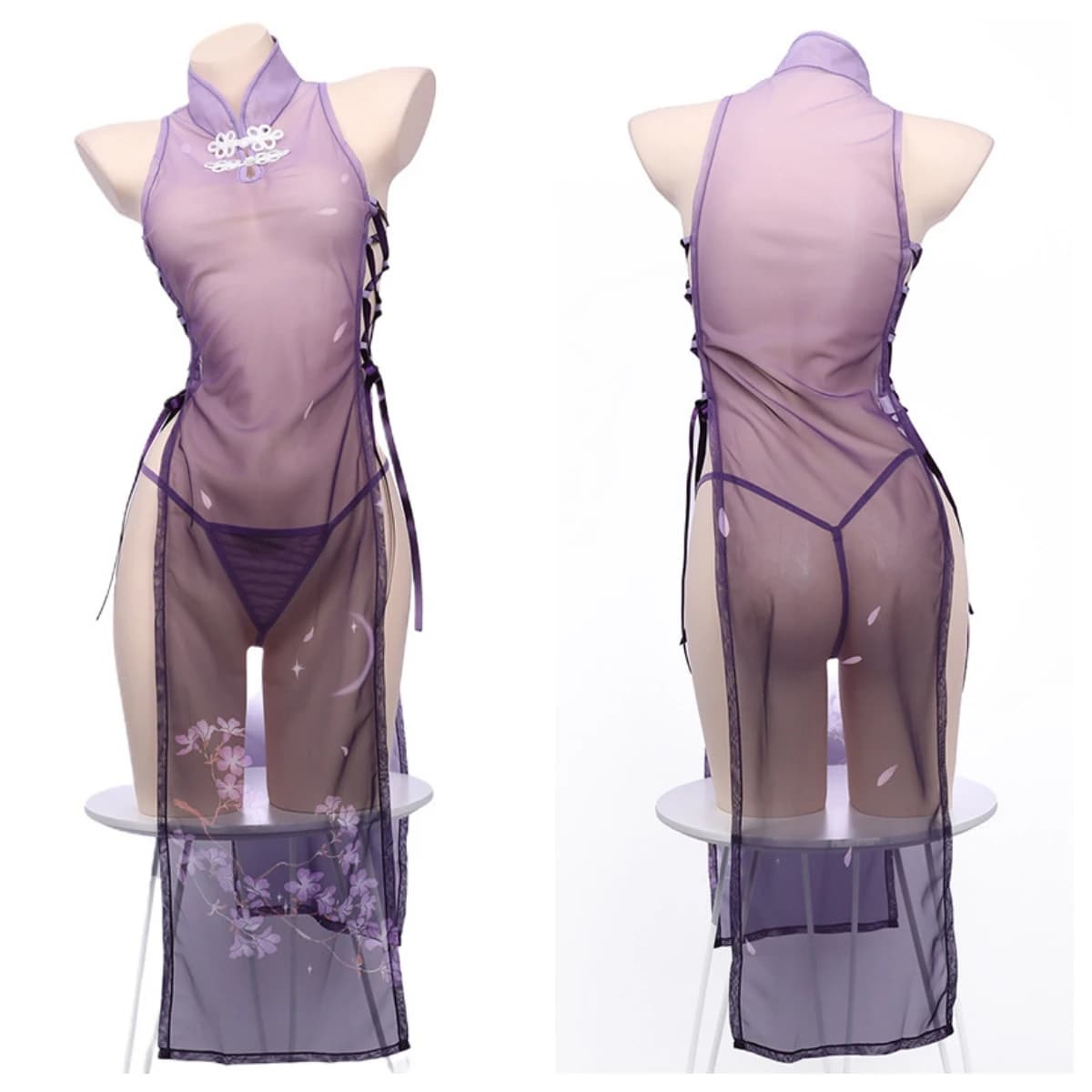 Pigiama intimo giapponese Cheongsam Spice Girl Viola Stampa trasparente Abito da gioco di ruolo Festa notturna Vestito di Halloween