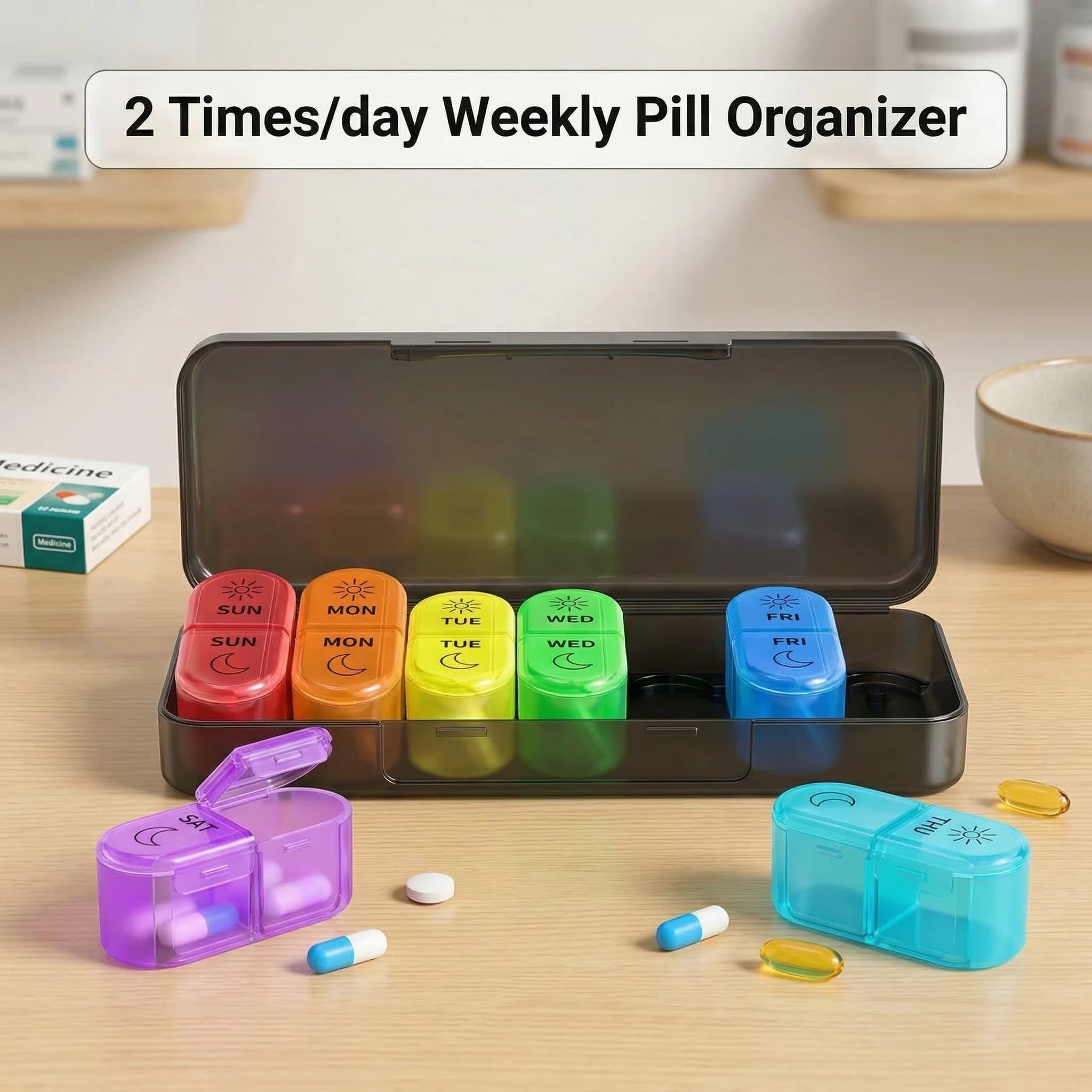 Travel Pills Organizer 7 Days AM & PM, Weekly Folders 2 Times per Day, Portable Container for Vitamins and Daily Supplements
